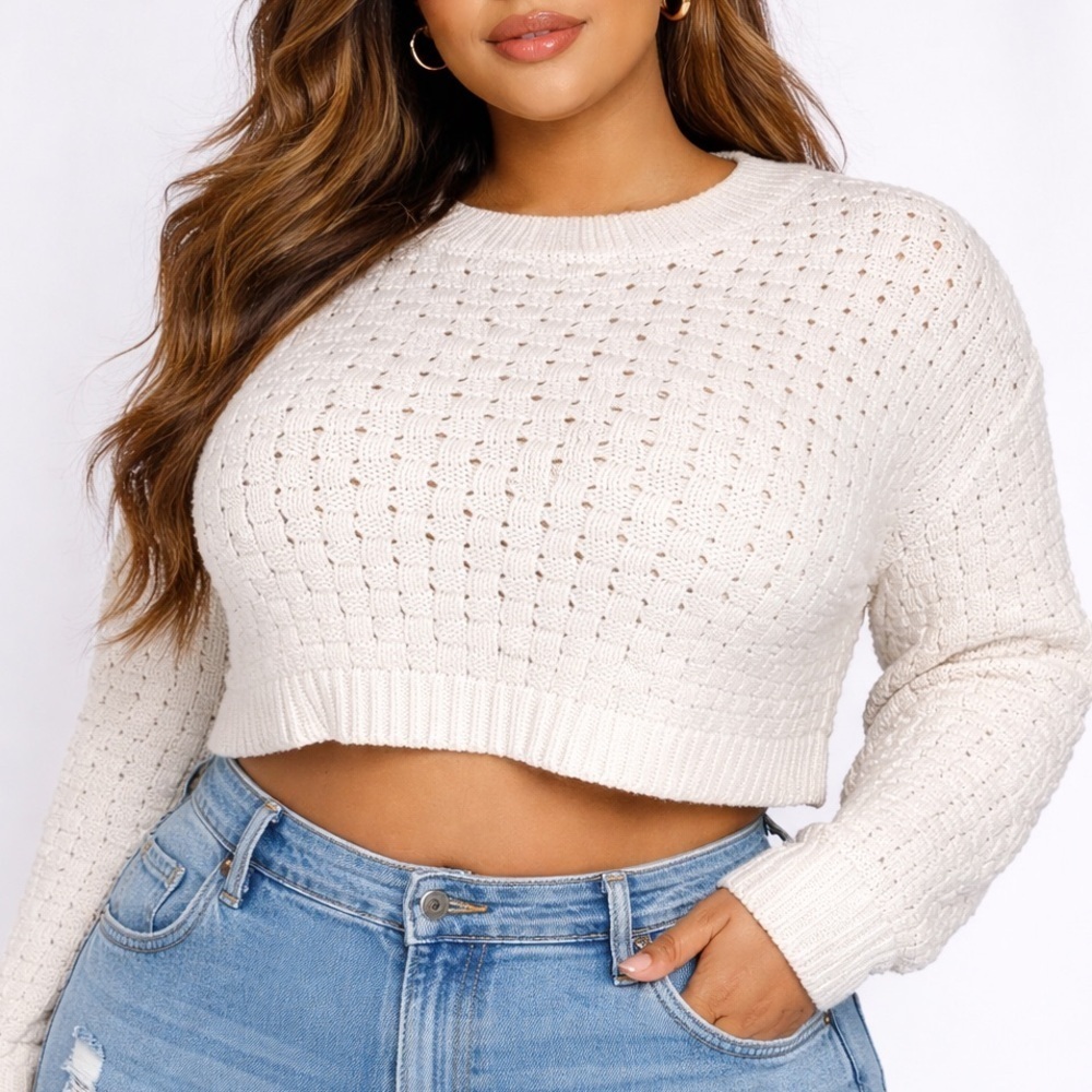 Jessica Simpson Ivory Cropped Knit Sweater Long Sleeve Cozy Pullover (1188)